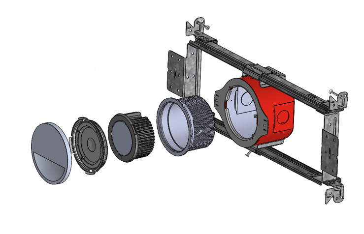 Exploded view of full assembly. From left to right: trim, adapter plate, optic cup, lighting module, mounting collar, and housing.
